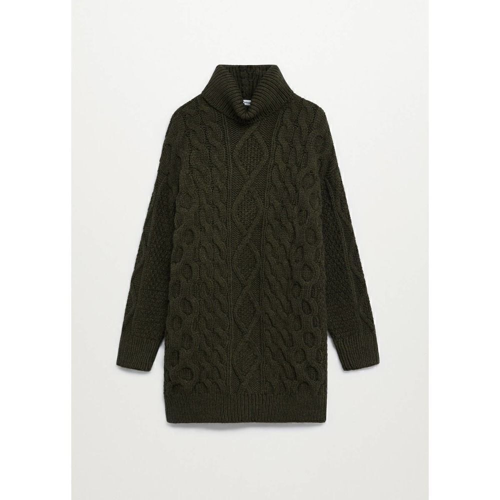 Mango Cable Knit Chunky Dress Braids Oversized Turtleneck Khaki - Picture 6 of 7